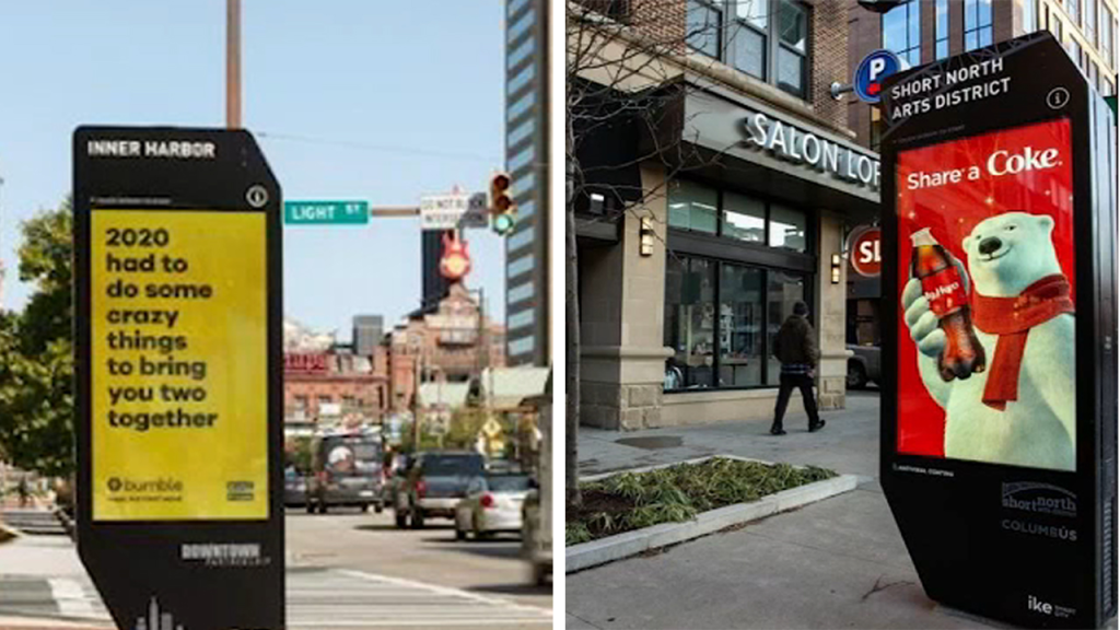 A split image showing two digital advertising displays (DOOH) in urban settings. The left display, located in the Inner Harbor area, features a yellow advertisement from Bumble with the text: "2020 had to do some crazy things to bring you two together." The right display, situated in the Short North Arts District, shows a red Coca-Cola advertisement with the iconic polar bear holding a Coke bottle, and the text: "Share a Coke." Both digital displays are situated in busy city environments, with the left one near a traffic intersection and the right one in front of a storefront.