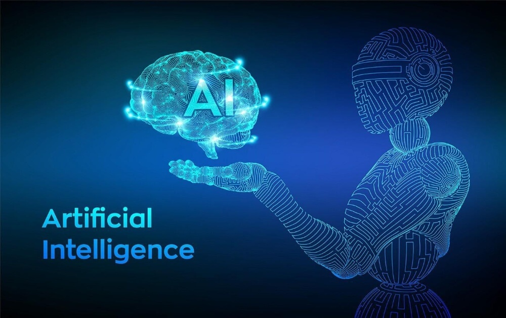 An illustration of a robot holding a brain labeled 'AI,' symbolizing artificial intelligence, with the text 'Artificial Intelligence' written below in a futuristic font.