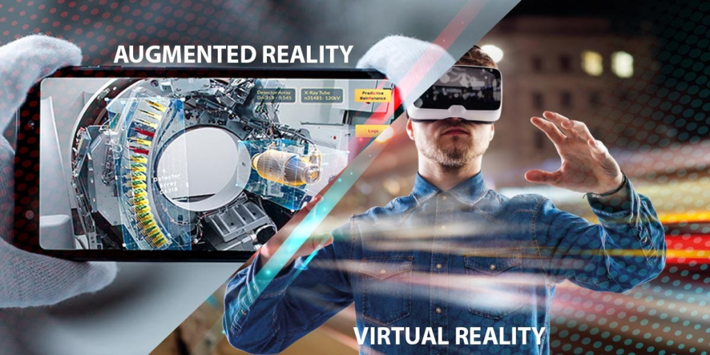 An image contrasting augmented reality (left side) and virtual reality (right side). On the left, a person holds a smartphone displaying a detailed, augmented overlay of machinery. On the right, a person wearing a VR headset interacts with a fully immersive virtual environment. The text "AUGMENTED REALITY" and "VIRTUAL REALITY" clearly label each side.