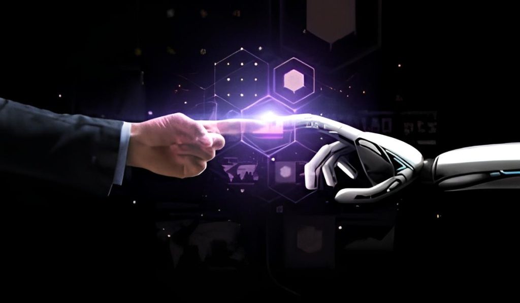 The image depicts a human hand reaching out to touch a robotic hand, with a glowing point of contact between them. This interaction symbolizes the connection between humans and technology, highlighting the collaborative potential and integration of artificial intelligence (AI) in human endeavors. The background features a dark setting with futuristic, holographic elements, enhancing the theme of advanced technology and innovation.

